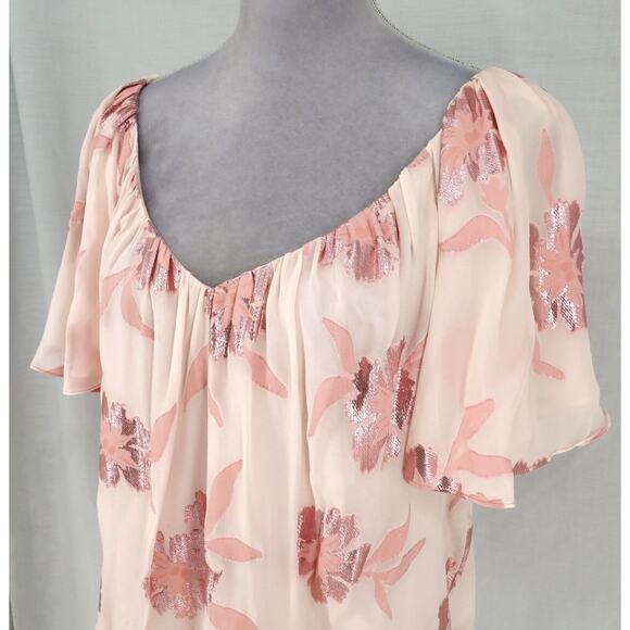 Rebecca Taylor Top Womens XL Pink Metallic Floral Blouse Silk Blend Lined New - Picture 9 of 13